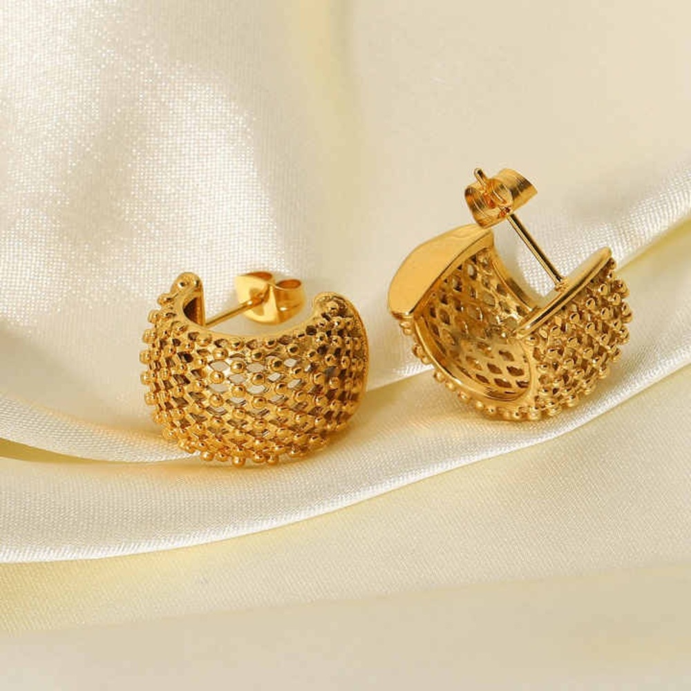 Funky Grid Stud Earrings | 18K Gold Plated Small Chunky C Shape Hoop Earrings